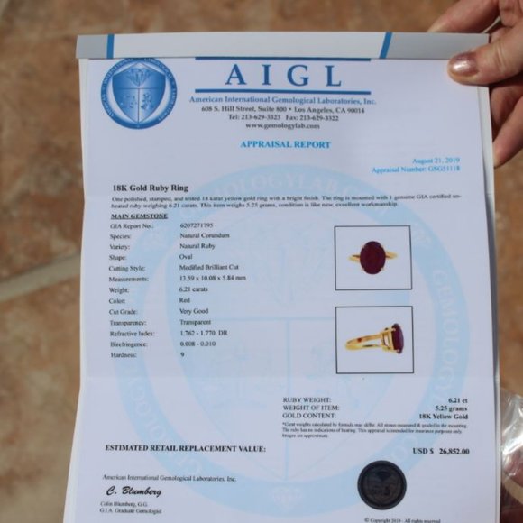 GIA Longido Ruby 6.21ct Solid 18K Yellow Gold Ring - Picture 9 of 10